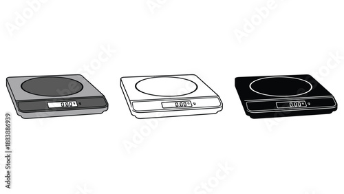 Three digital kitchen scales in different colors on a white background
