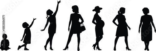 Female life stages silhouettes from childhood to adulthood, woman growth concept, fashion evolution, black vector illustration
