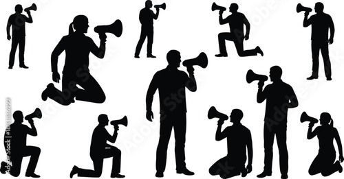Black Silhouettes of Men and Women Holding Megaphones and Bullhorns in Various Poses Like Standing or Kneeling Isolated on a Clean White Background Set