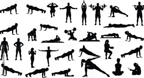 Comprehensive Collection of Fitness Silhouettes Featuring Men and Women Performing Various Exercises Workouts Gym Training Yoga Poses and Bodyweight Drills on White Background