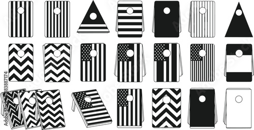 Cornhole Board Vector Icons Set featuring American Flag Designs Chevron Patterns and Minimalist Geometric Shapes for Outdoor Summer Games Tailgating and Backyard Family Entertainment Graphics