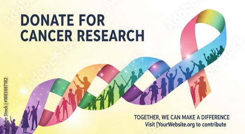 Vibrant ribbon with people supporting cancer research donation