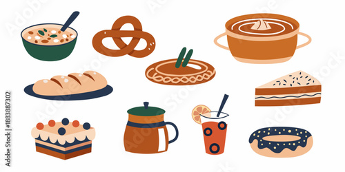 a colorful illustration depicting various baked goods and beverages for a cafe