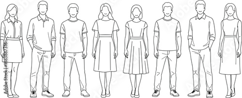 Minimalist Line Art Illustration of Diverse Young Men and Women Standing in a Row Wearing Casual Smart Outfits Isolated on White Background