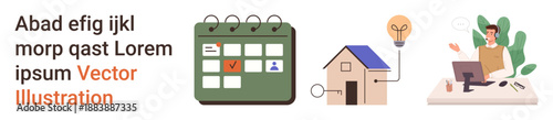 Time management, scheduling, renewable energy, home office, remote work, organization. A calendar, a house with an energy bulb icon and a person working. Time management and renewable energy concept