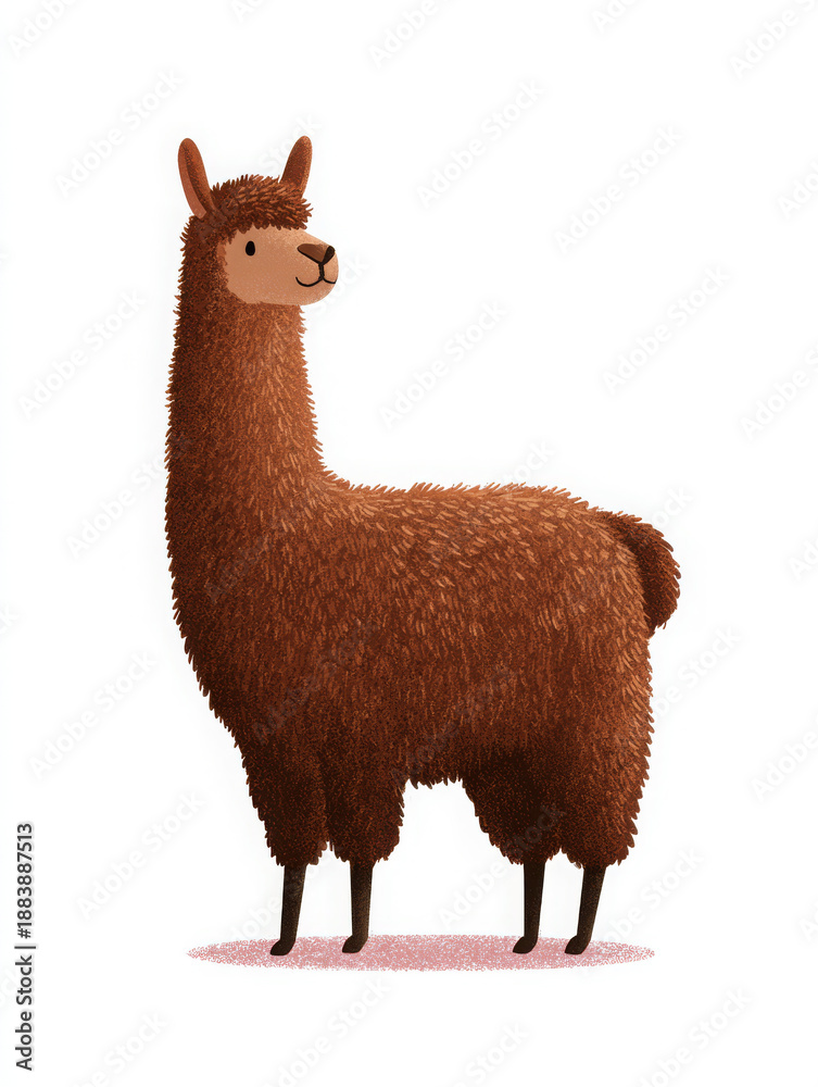 Fototapeta premium Scandinavian brown llama alpaca illustration shows fluffy furry animal standing with calm expression. Minimalist character captures soft wool texture for nursery art print card