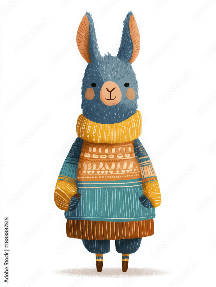 Fototapeta premium Llama illustration scandinavian blue sweater alpaca knitwear animal character wool smiling face happy expression winter clothing folk art textile design yarn graphic