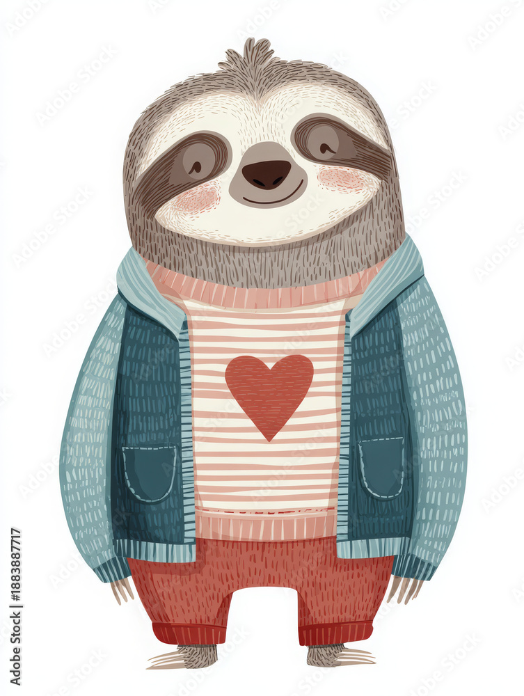 Fototapeta premium Happy sloth illustration animal scandinavian sweater heart jacket red blue mammal drawing showing cheerful content expression with winter garment design for home decor folk art