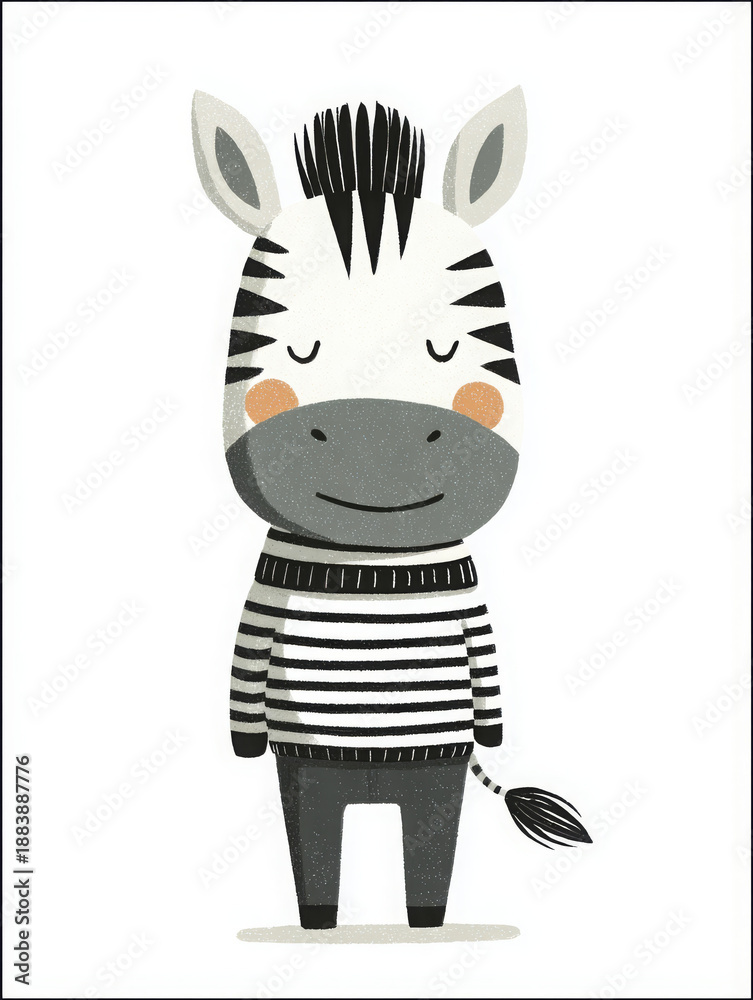 Obraz premium Happy zebra scandinavian illustration animal striped sweater nursery character cute friendly wildlife creature wearing fashionable clothing child room wall art minimalist poster design