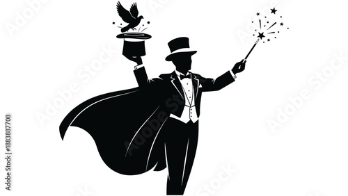 A magician in a tuxedo and top hat performs magic tricks