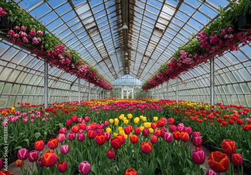 Colorful seasonal blossoms cultivated in a bright, modern glass greenhouse structure, creating a beautiful botanical environment ,bright ,seasonal ,abundance