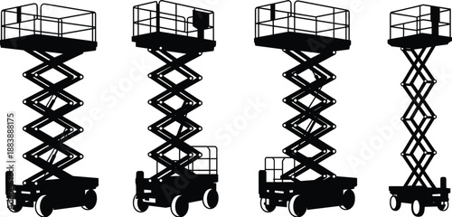 Scissor lift platform silhouette set, aerial work equipment for construction and maintenance, hydraulic lifting machines, black vector illustration