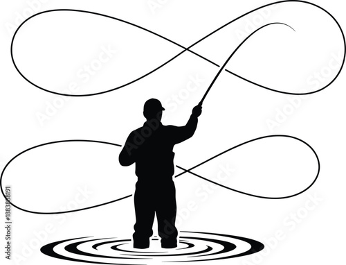 Fly fishing silhouette illustration, angler casting line in water, outdoor sport recreation concept, peaceful nature activity vector art