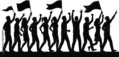 Marching crowd silhouette illustration, people walking with flags, unity teamwork protest celebration concept, group movement graphic, isolated background