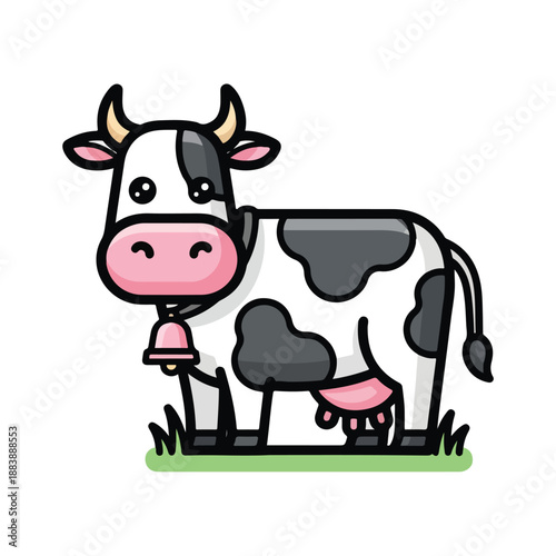 A cartoon cow with black and white spots stands on green grass