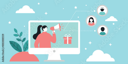 Flat vector illustration of online marketing, referral program, gift sharing, digital communication, teamwork, promotion, reward system, cloud background, connection