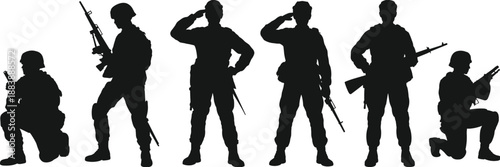 Military soldier silhouette set with armed poses, army personnel standing and kneeling, defense force concept, tactical black illustration