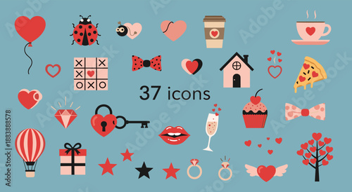 Flat vector illustration of love icons, hearts, celebration, romance, emotion, affection, sweet elements, colorful design, Valentine’s Day theme