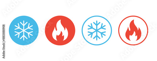 Hot and Cold Icon Fire and Snowflake Sign Heating and Cooling Button Featuring Temperature Control Symbols, Thermostat and Air Conditioning UI Symbol Vector.