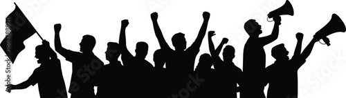Protest crowd silhouette illustration, people raising fists with flags and megaphones, activism demonstration concept, social movement graphic art