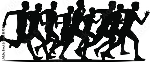 Running people silhouette group in motion, athletes sprinting together, fitness training concept, teamwork energy, marathon race illustration