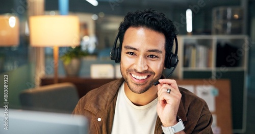 Photography Night, headset or man with computer for customer service, help desk contact or troubleshooting advice
