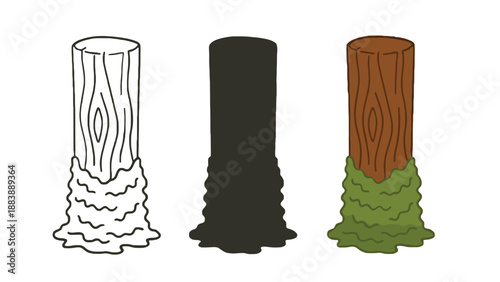 Three cartoon tree stumps in different colors and styles on white background