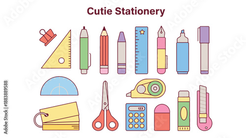 A colorful illustration of cute stationery items on a white background