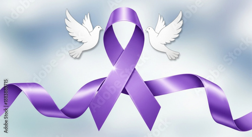 Purple awareness ribbon with white doves on cloudy background symbolizing hope and support