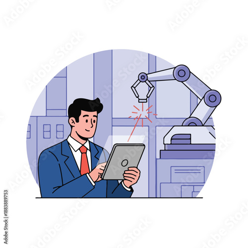 A businessman in blue suit operates a tablet with a robotic arm