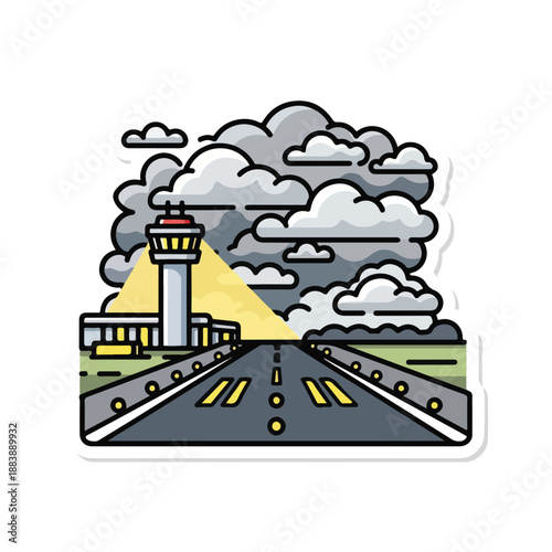 A cartoon airport with a control tower