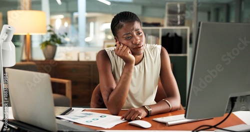 Fotografie Business, trading and black woman with computer, fatigue and exhausted with deadline for audit