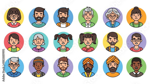 Diverse Group of People Avatars in Circular Frames.