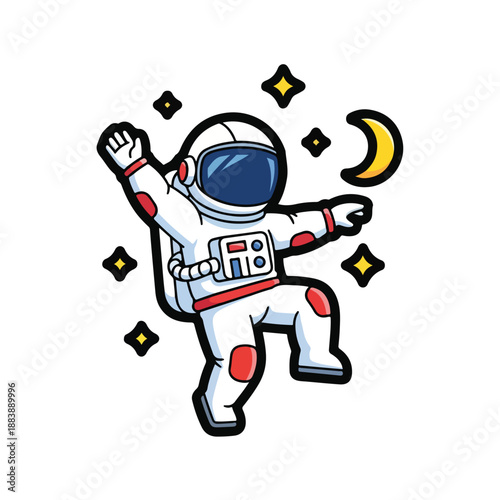 A cartoon astronaut dancing near the moon