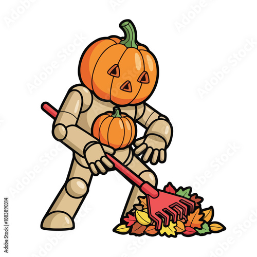 A cartoon figure with a pumpkin head rakes leaves