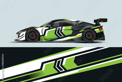 Abstract sport car wrap design featuring vibrant green and black colors, dynamic racing lines, modern aggressive style, high contrast composition, futuristic automotive look for motorsport and custom 
