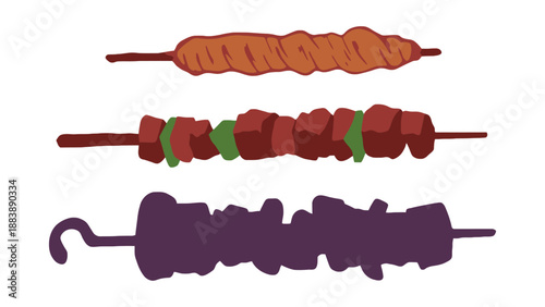 A colorful illustration of various skewers of meat on wooden sticks