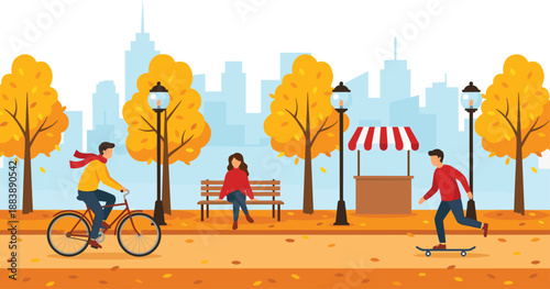 Autumn city park scene, vibrant foliage, urban skyline, outdoor activities, cycling, skateboarding, seasonal colors, street lamps, fallen leaves, vendor stall