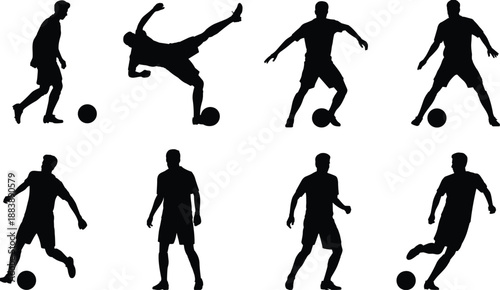 Soccer player silhouette set with dynamic football actions, athletes dribbling and kicking ball, sports movement, black vector illustration