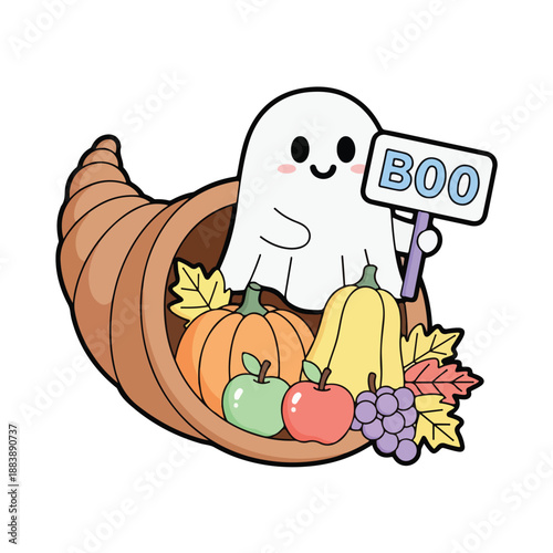 A cartoon ghost in a cornucopia with fruits and vegetables