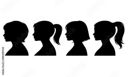 Set of Young Girl Head Profile Silhouettes, Diverse Female Child Avatars with Different Hairstyles, Ponytail and Bob Cut Haircuts, Kids Face Side View Collection, Vector Icons Isolated on White