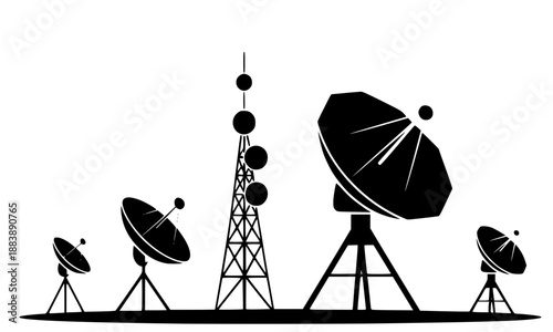 Telecommunications Tower and Satellite Dish Silhouettes, Wireless Communication Station, Global Network Data Transmission, Radio Mast and Parabolic Antenna, Technology Infrastructure Vector Graphic
