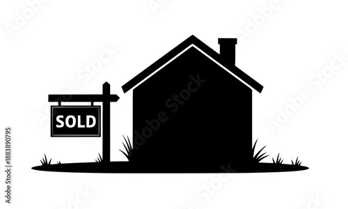 House Silhouette with Sold Sign, Real Estate Property Sold Concept, Home for Sale Successfully Purchased, Residential Building Icon, Housing Market Success, Vector Graphic Isolated on White