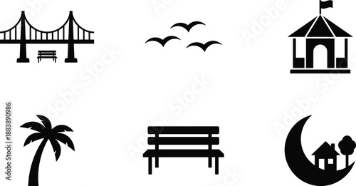Outdoor icon collection, black silhouette design, nature and urban symbols, park elements, birds, gazebo, palm tree, moon house, minimal illustration