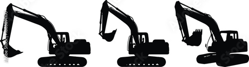 Set of excavator silhouettes, heavy construction machinery vectors, industrial digging equipment, earthmover icons for civil engineering, building projects, and mining.