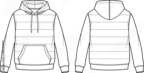 Quilted puffer hoodie technical sketch, front and back view vector illustration, padded sweatshirt template for fashion design and apparel mockups,