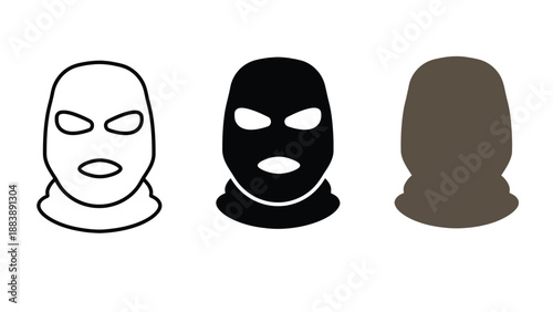 Three ski masks in different colors on a white background