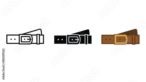 Three different belts with various buckle designs and colors are shown