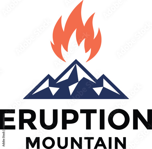 Volcanic mountain logo, eruption flame, dark blue peak, outdoor adventure branding, geology symbol, natural disaster icon, bold graphic design, stylized