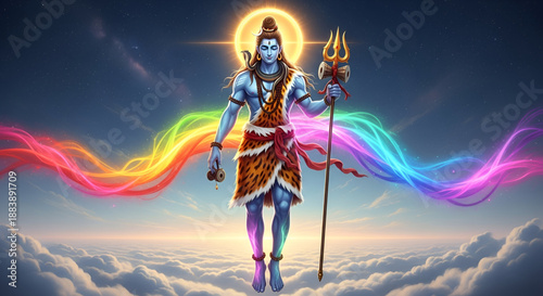 Maha Shivaratri Lord Shiva standing with trident divine cosmic energy rainbow aura spiritual power Hindu festival illustration background